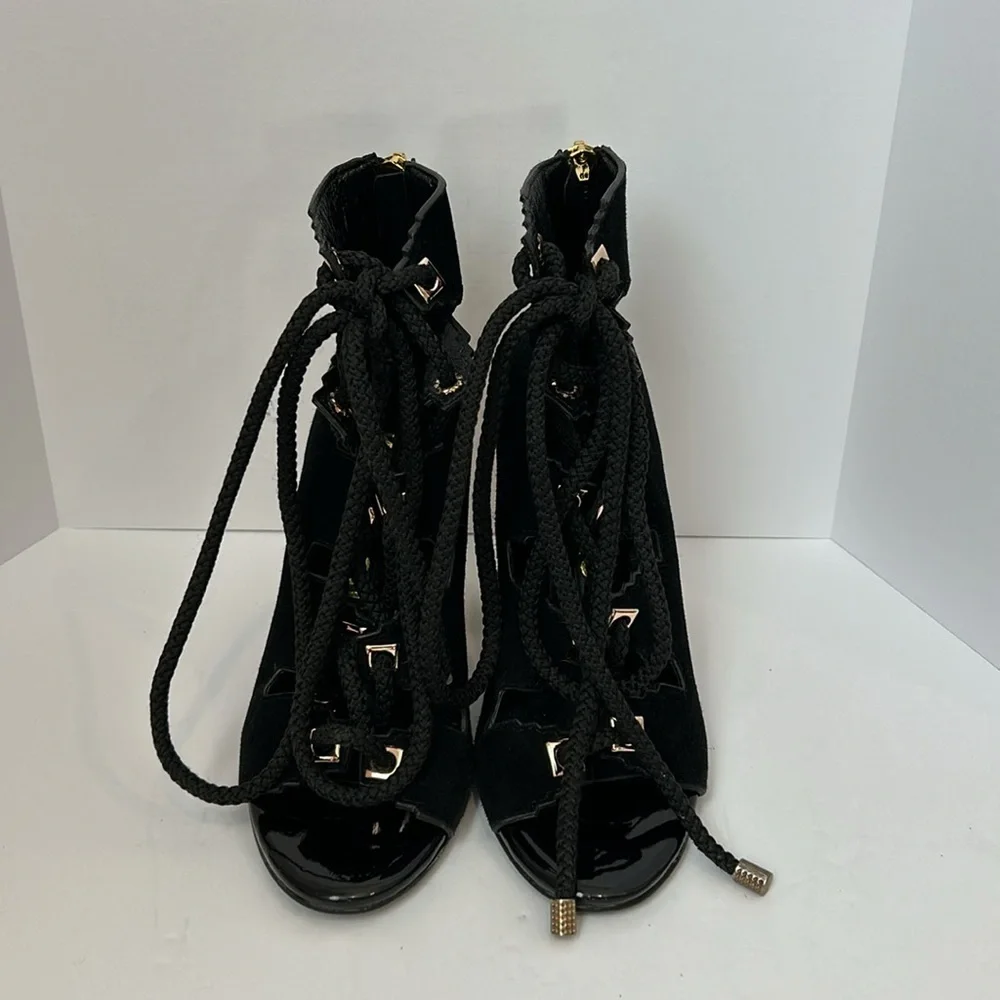 KAT MACONIE Betsy Suede Black Sandals Gold Heels Lace Up women’s size 5.5